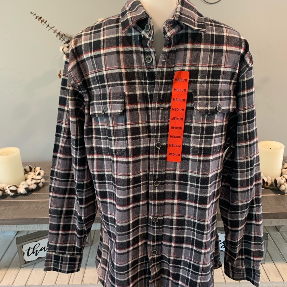 Men's Plaid Button-Down Shirt in Black, Gray, and Red